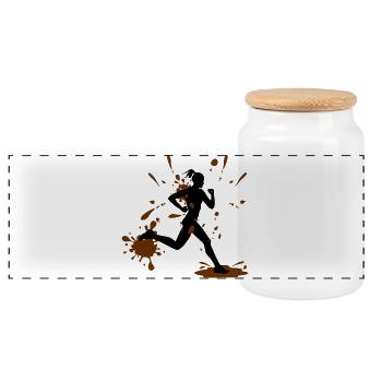 Mud Run Woman – Modder Runner Challenge - Panoramic Cookie Jar with Wooden Lid - white - Front