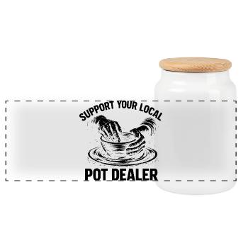 Humor Pottery - Support Your Local Pot Dealer Art - Panoramic Cookie Jar with Wooden Lid - white - Front