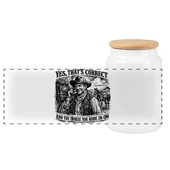 Western Humor: Vintage Cowboy Replica - Panoramic Cookie Jar with Wooden Lid - white - Front