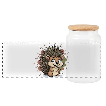 Cuddly Hedgehog Cartoon - Panoramic Cookie Jar with Wooden Lid - white - Front