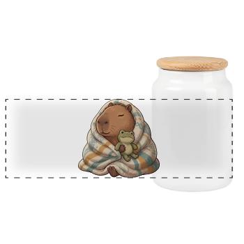 Kuscheltier Capybara mit Froschfreund - Panorama Keksdose mit Holzdeckel - Weiß - Vorne