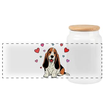 Basset-Hound_Hund_sitzendd_Herz_farbig - Panorama Keksdose mit Holzdeckel - Weiß - Vorne