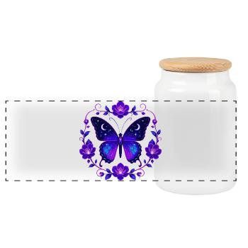 Night Star Butterfly in Flower Circle - Panoramic Cookie Jar with Wooden Lid - white - Front