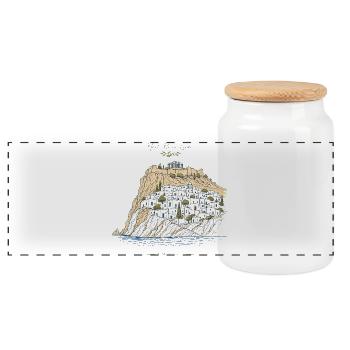 Meet Me in Lindos Rhodes Greece Vacation Travel - Panoramic Cookie Jar with Wooden Lid - white - Front