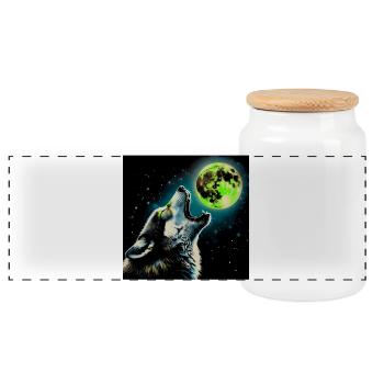 Wolf howls at the Full Moon - Panoramic Cookie Jar with Wooden Lid - white - Front