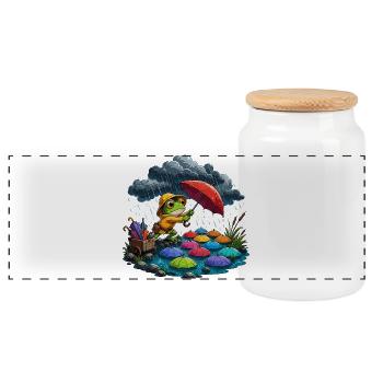 Frog in the rain with colorful umbrellas - Panoramic Cookie Jar with Wooden Lid - white - Front