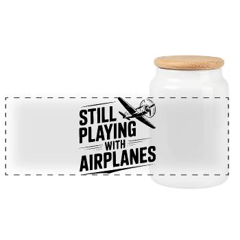 Still Playing With Airplanes - Panoramic Cookie Jar with Wooden Lid - white - Front