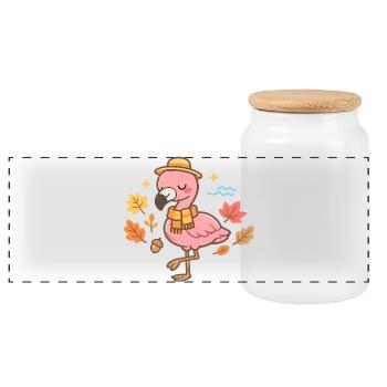 Flamingo im Herbst mit Schal und Hut - Panorama Keksdose mit Holzdeckel - Weiß - Vorne