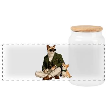 Elegant Cats & Chihuahua in Gentleman Style - Panoramic Cookie Jar with Wooden Lid - white - Front