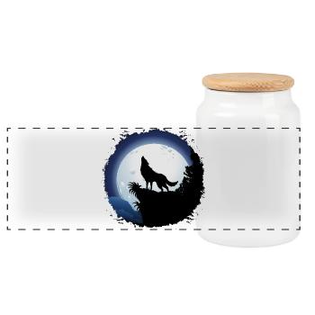 Wolf heult bei blauem Vollmond - Panorama Keksdose mit Holzdeckel - Weiß - Vorne