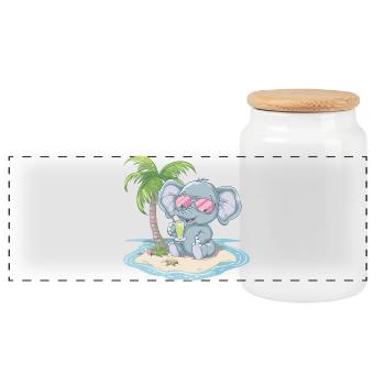 Elephant Summer Palm Tree - Panoramic Cookie Jar with Wooden Lid - white - Front