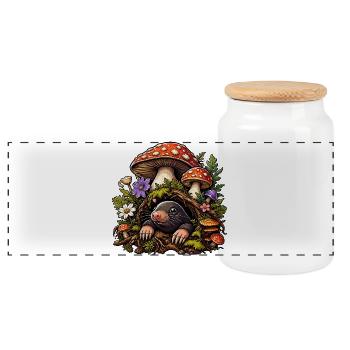 Forest mole in the mushroom paradise - Panoramic Cookie Jar with Wooden Lid - white - Front