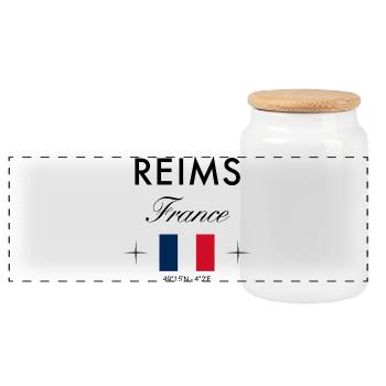 Reims France Coordinates Travel Souvenir - Panoramic Cookie Jar with Wooden Lid - white - Front