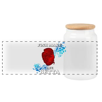 Fish Make Life Beta with Red Betta fish - Panoramic Cookie Jar with Wooden Lid - white - Front