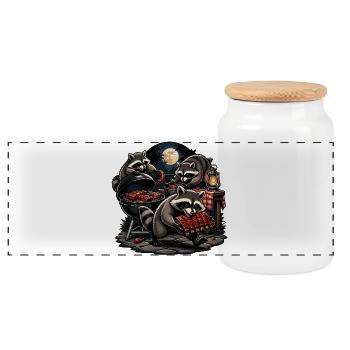 Nocturnal raccoon barbecue night - Panoramic Cookie Jar with Wooden Lid - white - Front
