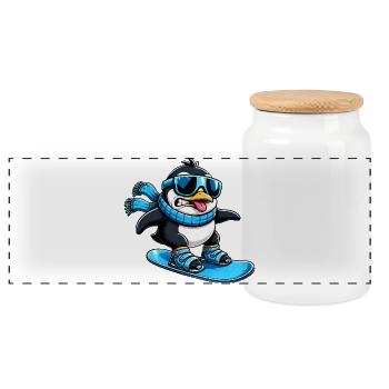 Quirky Penguin Snowboarder Winter Sports - Panoramic Cookie Jar with Wooden Lid - white - Front
