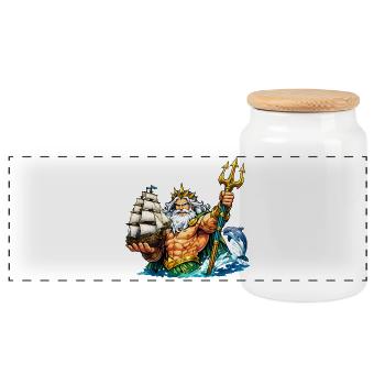 Neptun mit Seegelschiff - Panorama Keksdose mit Holzdeckel - Weiß - Vorne