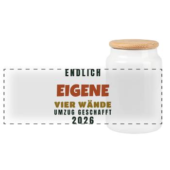 Endlich eigene vier Wände - Umzug 2026 Geschenk - Panorama Keksdose mit Holzdeckel - Weiß - Vorne
