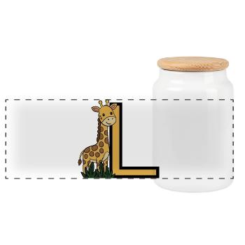 Giraffe and L Print - Panoramic Cookie Jar with Wooden Lid - white - Front