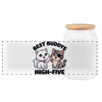 Süße Comic Katzen machen High Five – Best Buddys  - Panorama Keksdose mit Holzdeckel - Weiß - Vorne