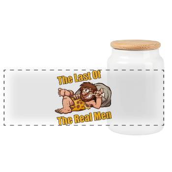 Der letzte der echten Männer – lustiger Höhlenmensch - Panorama Keksdose mit Holzdeckel - Weiß - Vorne