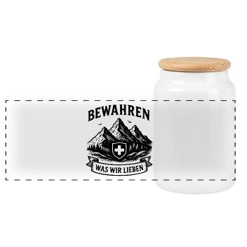 Bewahren was wir lieben Schweiz - Panorama Keksdose mit Holzdeckel - Weiß - Vorne