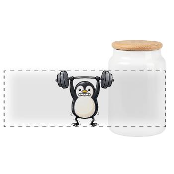 Penguin with dumbbell fitness bodybuilding - Panoramic Cookie Jar with Wooden Lid - white - Front