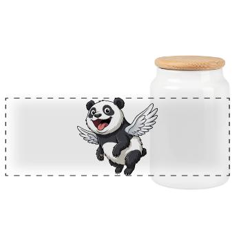 Cute Panda Angel with Wings Cartoon - Panoramic Cookie Jar with Wooden Lid - white - Front