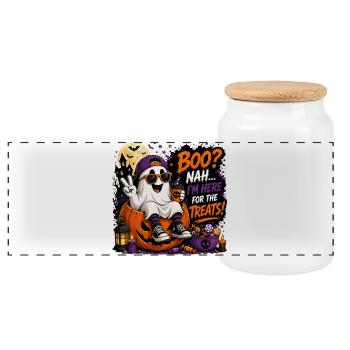 Halloween cute ghost - Panoramic Cookie Jar with Wooden Lid - white - Front