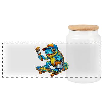 Chameleon on skateboard - Panoramic Cookie Jar with Wooden Lid - white - Front