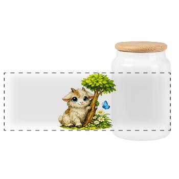 Cuddly goat with butterfly - Panoramic Cookie Jar with Wooden Lid - white - Front