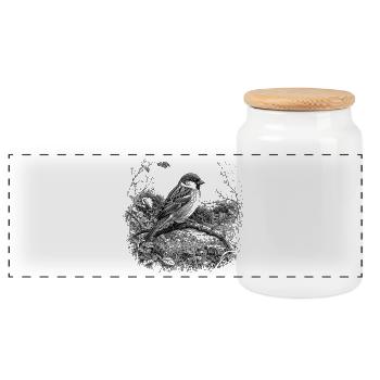 Cute sparrow in nature in drawing style - Panoramic Cookie Jar with Wooden Lid - white - Front