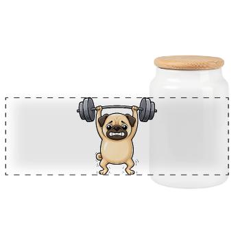 Mops Hund Fitnessgewichtheber Hantel Gym - Panorama Keksdose mit Holzdeckel - Weiß - Vorne