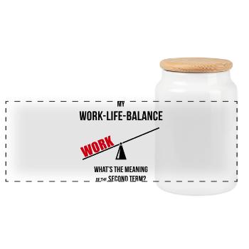 Meine Work-Life-Balance – Zweites Semester? (Wippe POS2C) - Panorama Keksdose mit Holzdeckel - Weiß - Vorne