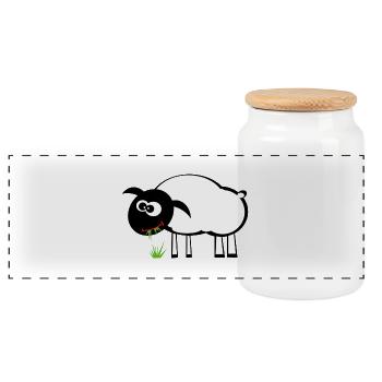 Süßes Schaf frisst Gras. Geschenkidee - Panorama Keksdose mit Holzdeckel - Weiß - Vorne