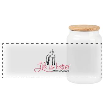 Life is better Galgo - Panorama Keksdose mit Holzdeckel - Weiß - Vorne