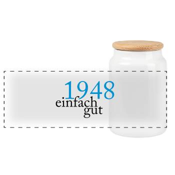 Jahrgang 1948 geboren - Panorama Keksdose mit Holzdeckel - Weiß - Vorne