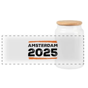 Amsterdam 2025 Saying - Panoramic Cookie Jar with Wooden Lid - white - Front