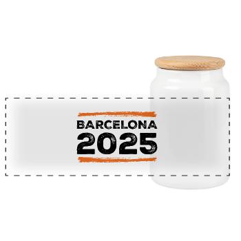Barcelona 2025 Saying - Panoramic Cookie Jar with Wooden Lid - white - Front