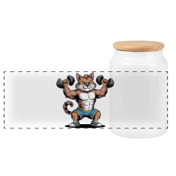 Cat muscle strength strength strength training - Panoramic Cookie Jar with Wooden Lid - white - Front