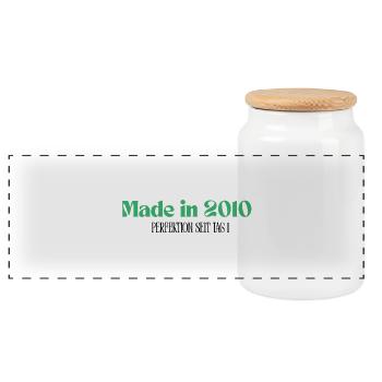 Made in 2010 - Perfektion seit Tag 1 - Panorama Keksdose mit Holzdeckel - Weiß - Vorne