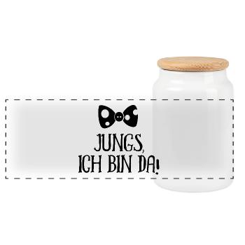 Jungs ich bin da Geburt Baby - Panorama Keksdose mit Holzdeckel - Weiß - Vorne
