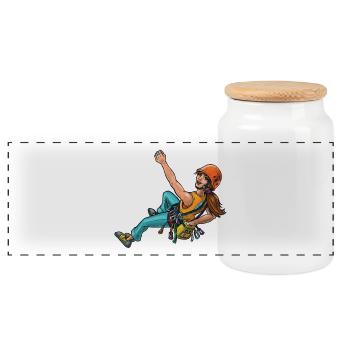 Female rock climber ( Female sport climber ) 2 - Panoramic Cookie Jar with Wooden Lid - white - Front