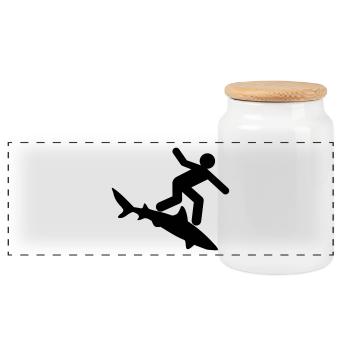 Shark - Surfer on shark - Panoramic Cookie Jar with Wooden Lid - white - Front