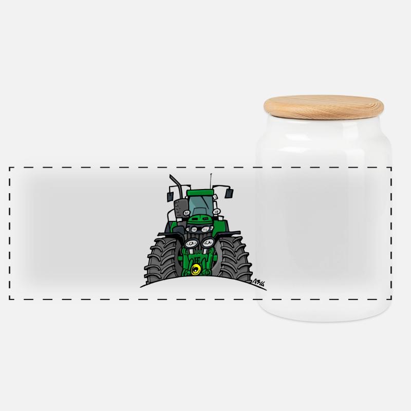 320 Grüner Traktor - Panorama Keksdose mit Holzdeckel - Weiß