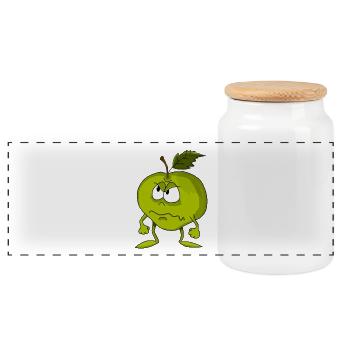 Grim green apple face - Panoramic Cookie Jar with Wooden Lid - white - Front
