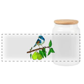 Blue bird and pear - Panoramic Cookie Jar with Wooden Lid - white - Front