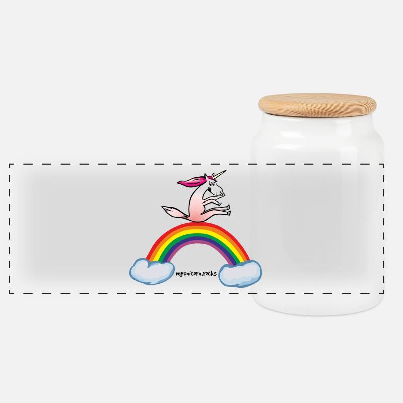Unicorn on rainbow - Panoramic Cookie Jar with Wooden Lid - white