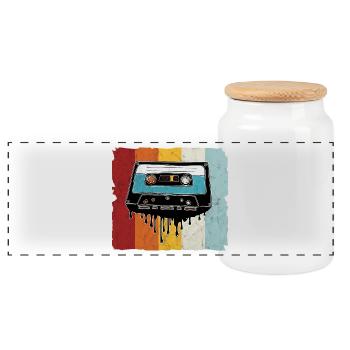 Retro Kassette schmelzend - Panorama Keksdose mit Holzdeckel - Weiß - Vorne