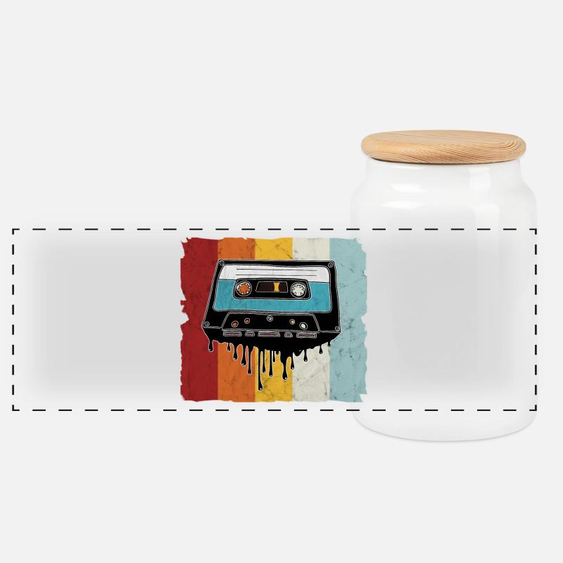 Retro Kassette schmelzend - Panorama Keksdose mit Holzdeckel - Weiß